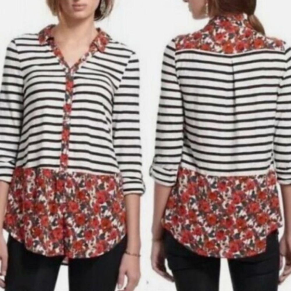 Postmark by Anthropologie b+w striped long sleeve button up w/ contrast fabric
